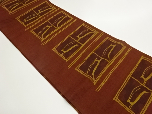 手織り紬変わり色紙に抽象鹿模様織出し袋帯